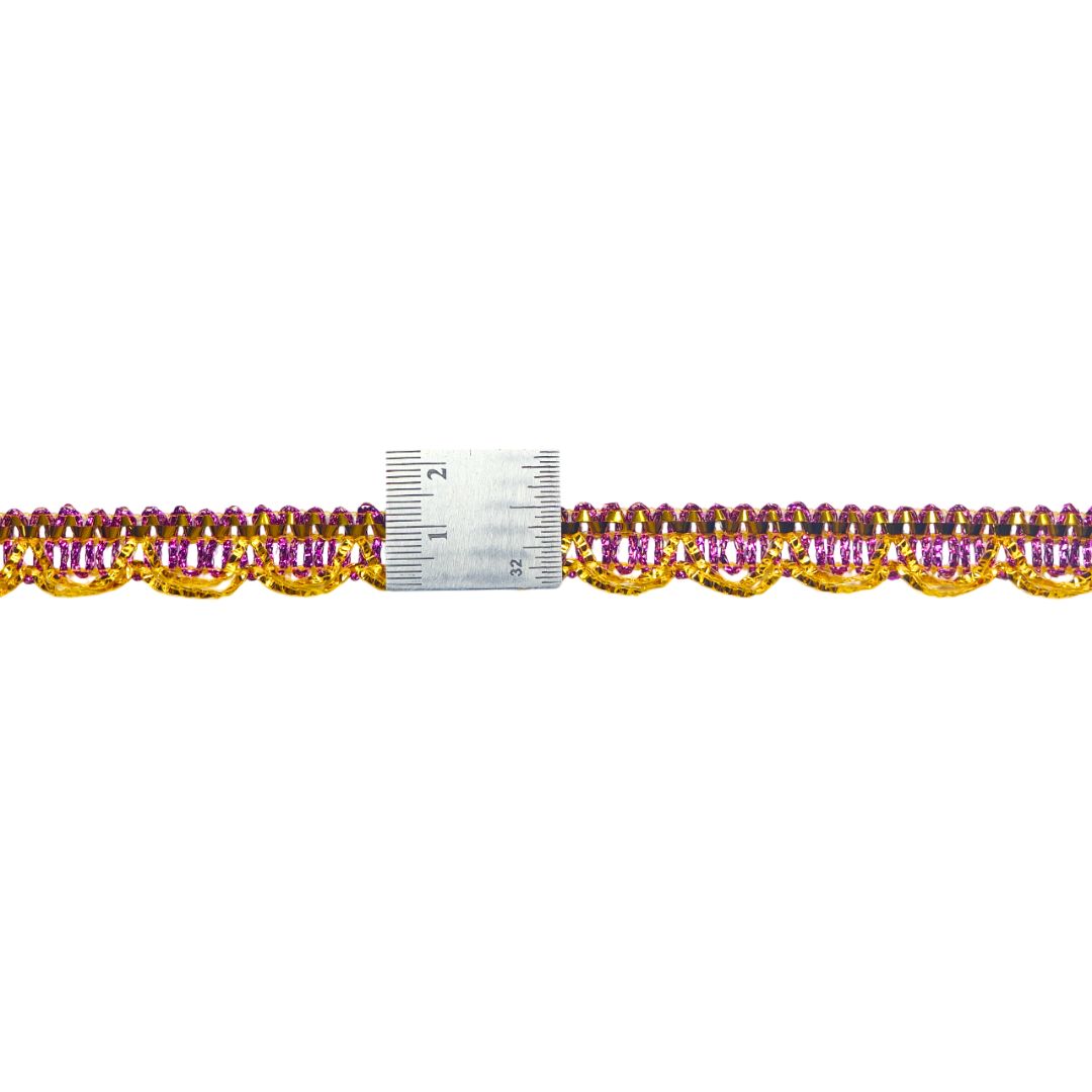 Decorative trim with gold and pink beads on a white background