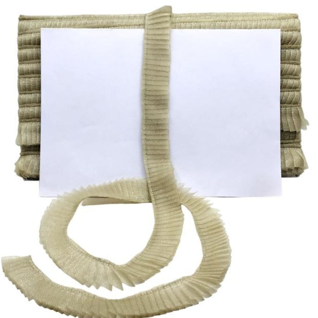 Beige ribbed scarf with a white card on a white background