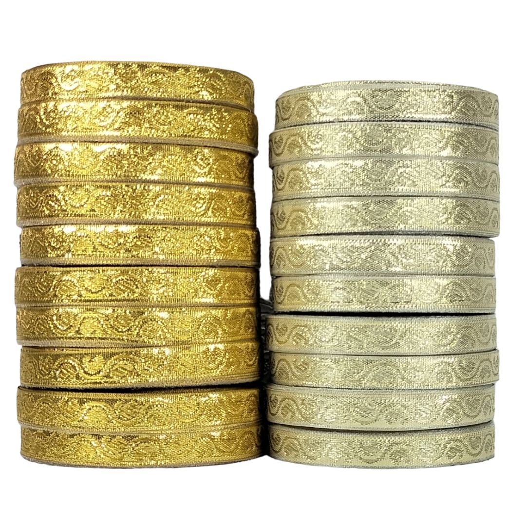 Two stacks of gold and silver ribbons on a white background