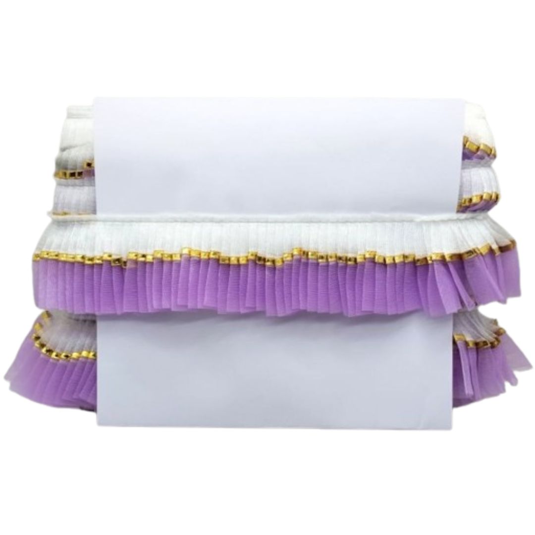 White dress with purple ruffled skirt on a white background