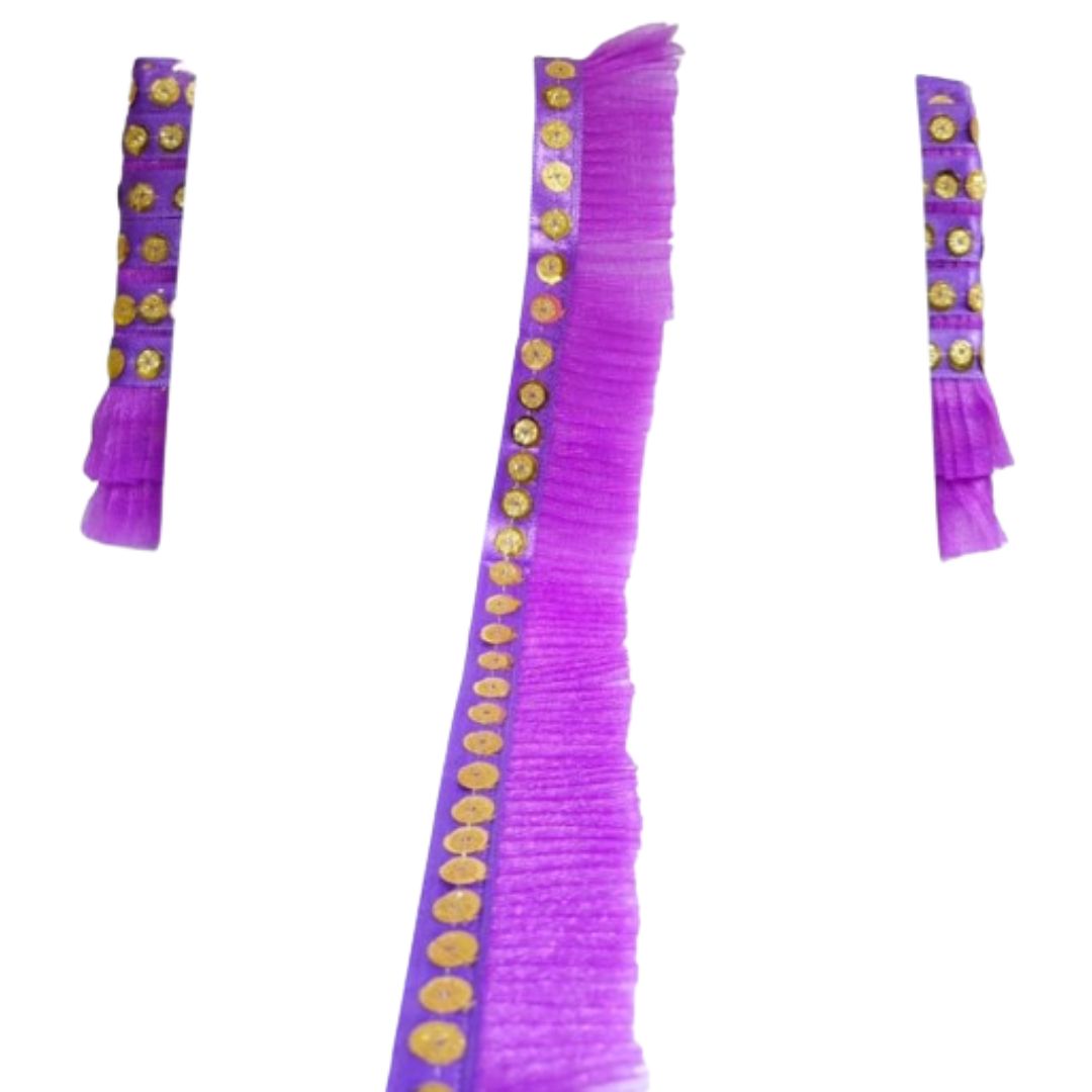Purple ribbons with gold buttons on a white background
