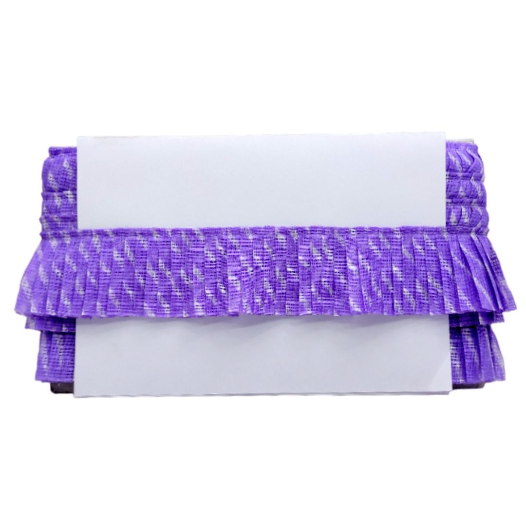 White clutch with purple ruffled top on a white background