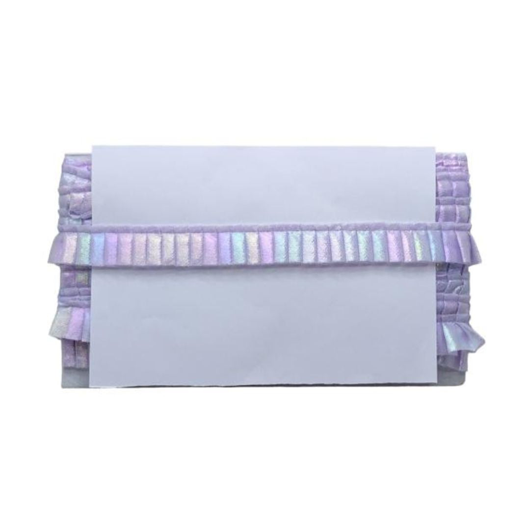 Purple ruffled clutch bag on a white background