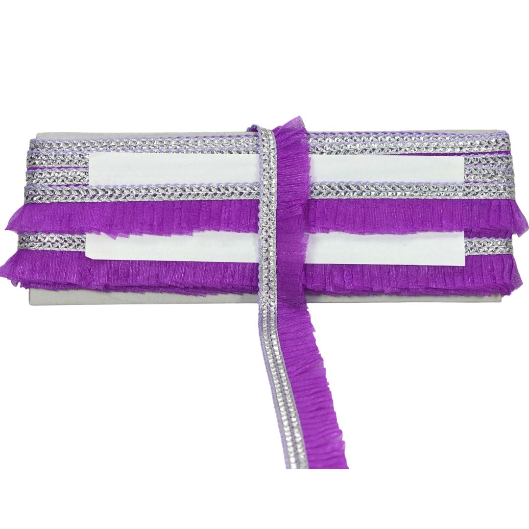 Purple and silver decorative trim on a white background