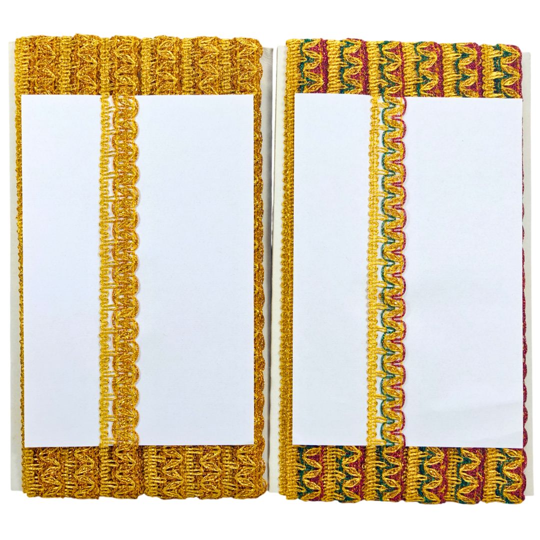 Two open books with colorful woven covers on a white background