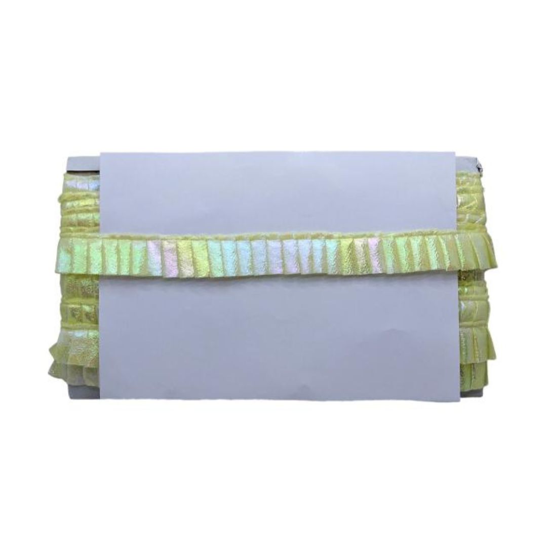 Clutch bag with green ruffled top section on a white background