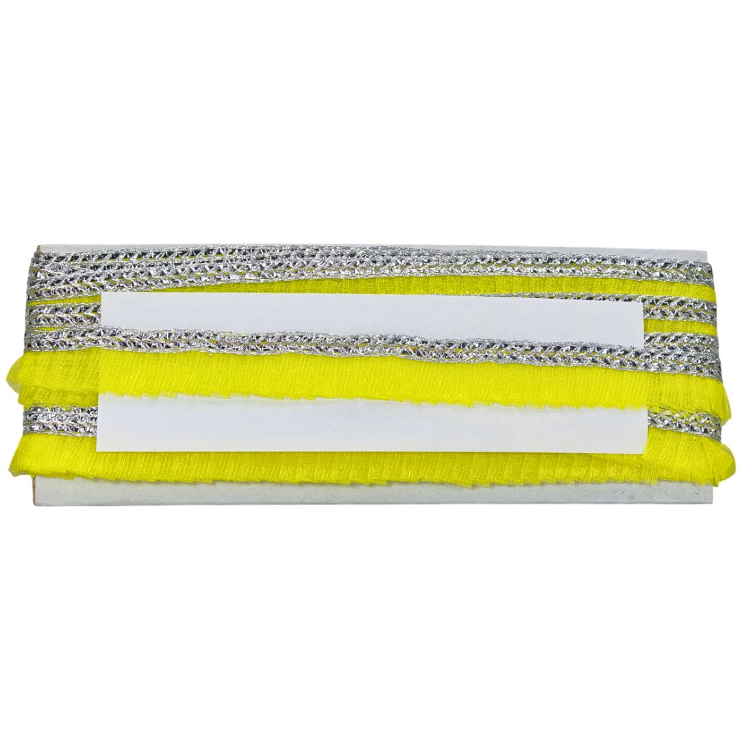 Set of three ribbons with yellow, white, and silver patterns on a white background