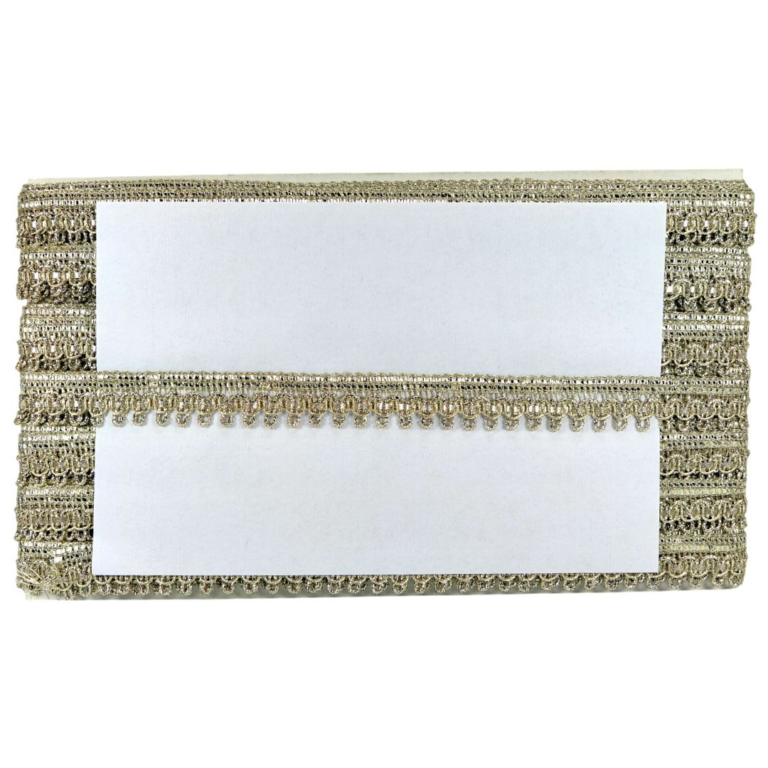Gold clutch with a white card inside on a white background