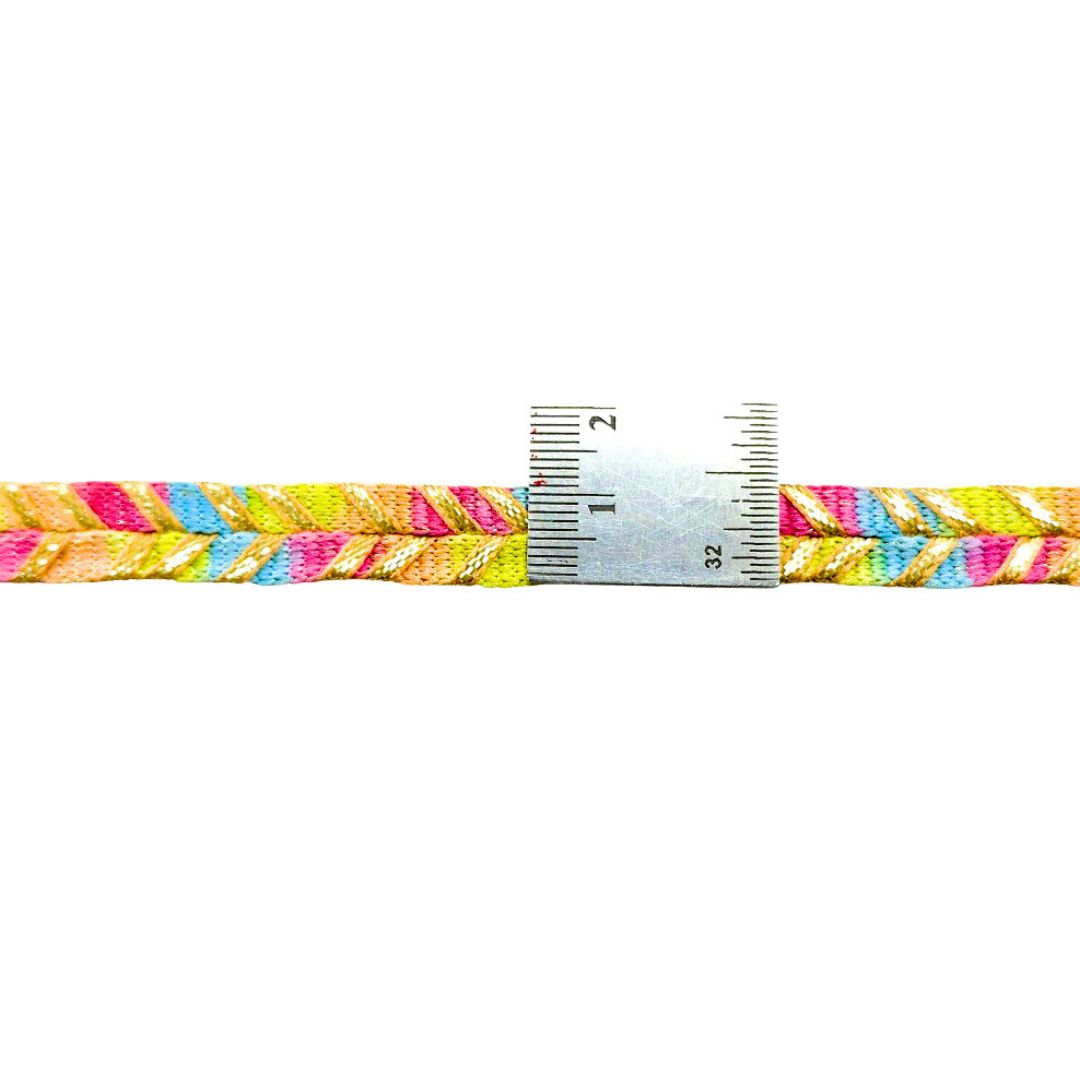 Colorful braided cord with a measuring tape on a white background