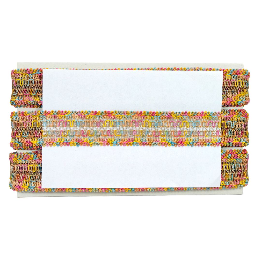 Colorful woven clutch with a white center on a white background