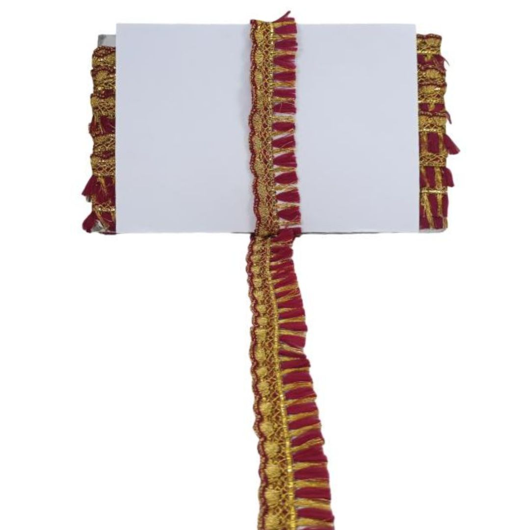 Decorative border with red and gold patterns on a white background