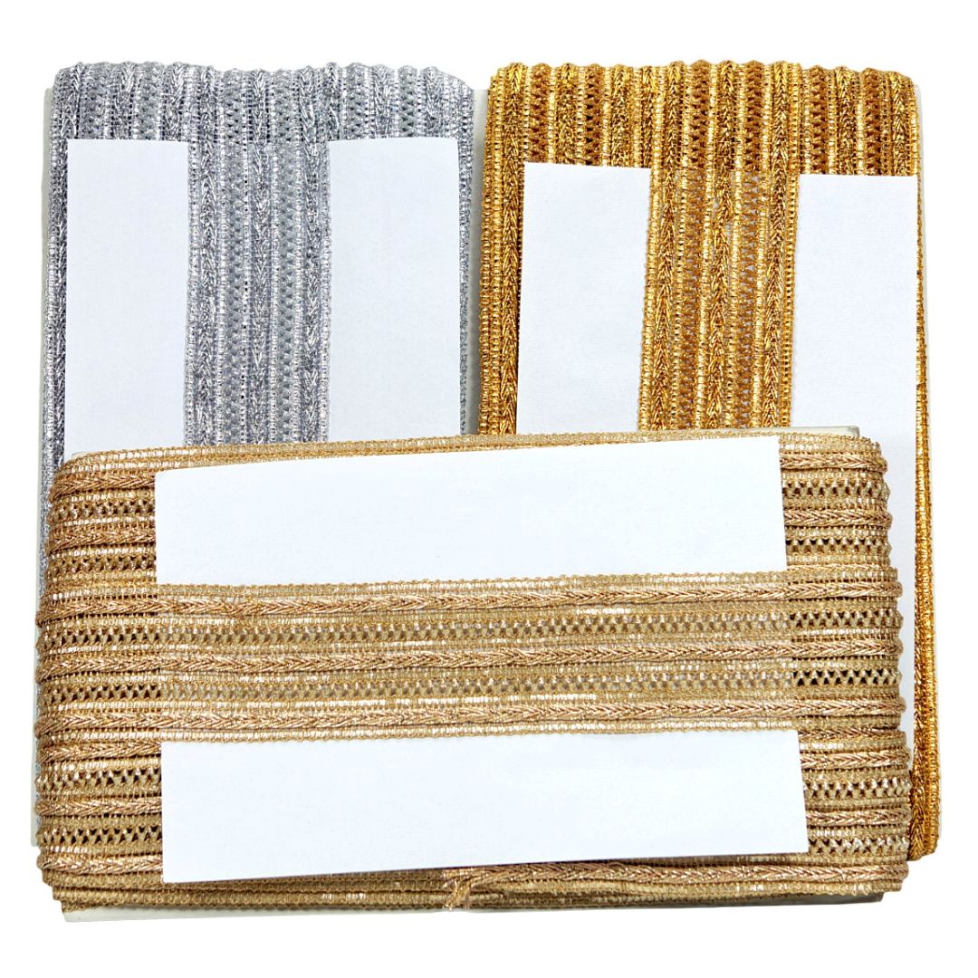 Set of three woven placemats in gold, silver, and bronze on a white background