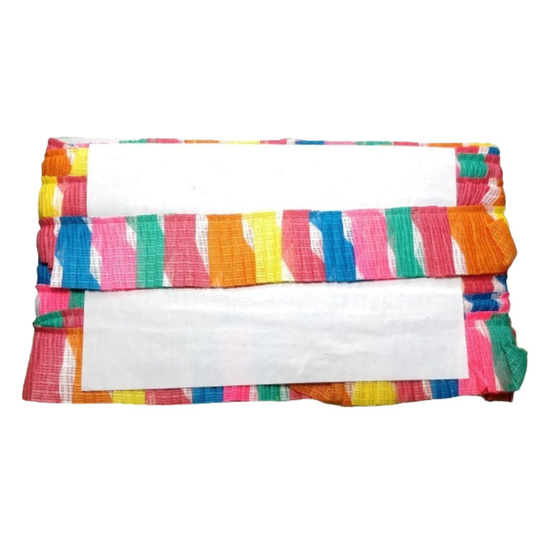 Stack of colorful striped fabric on a white background