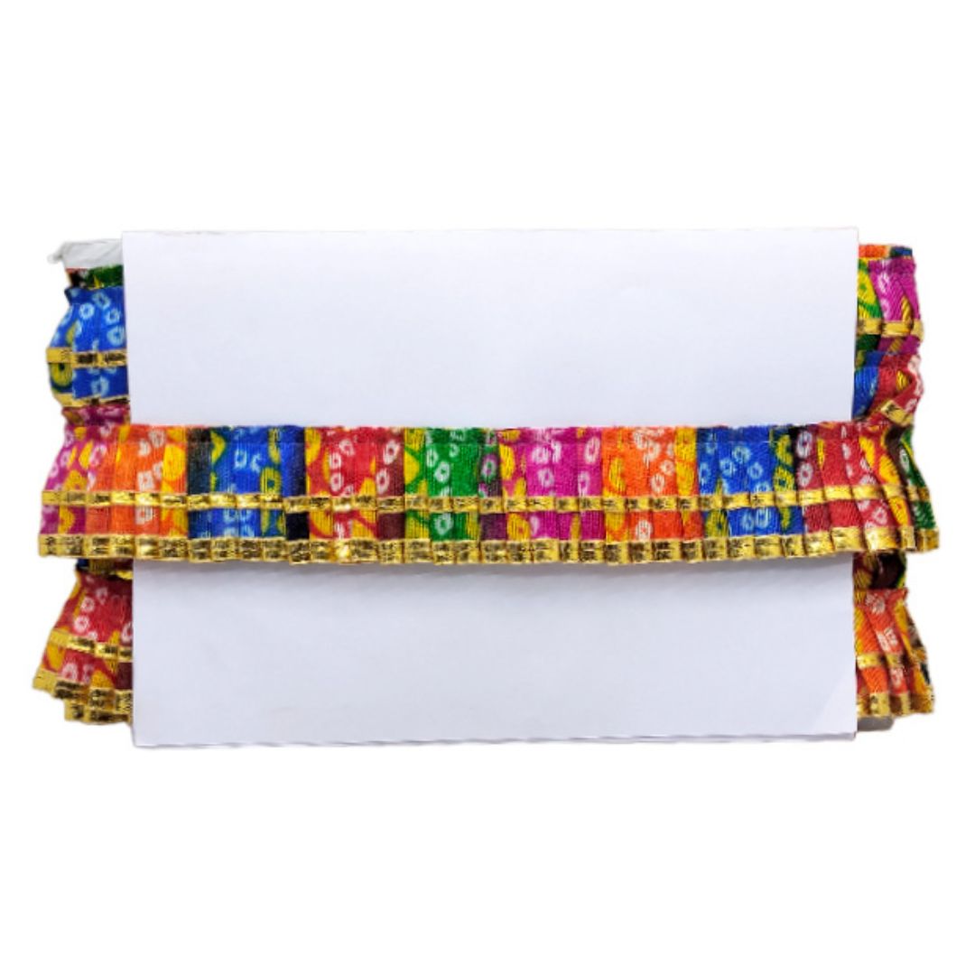 Kurlz 2 Line Bandhej Printed and Golden Gota Patti Exclusive Frill For Lehenga, Dupatta, Art & Craft, Singhasan, Ladoo Gopal Poshak | Size: 9 Yards