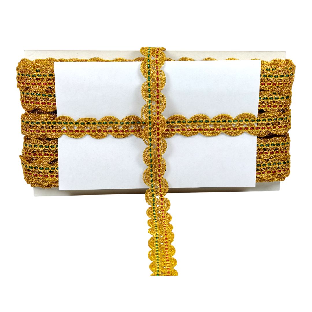 Gold lace trim on a white background