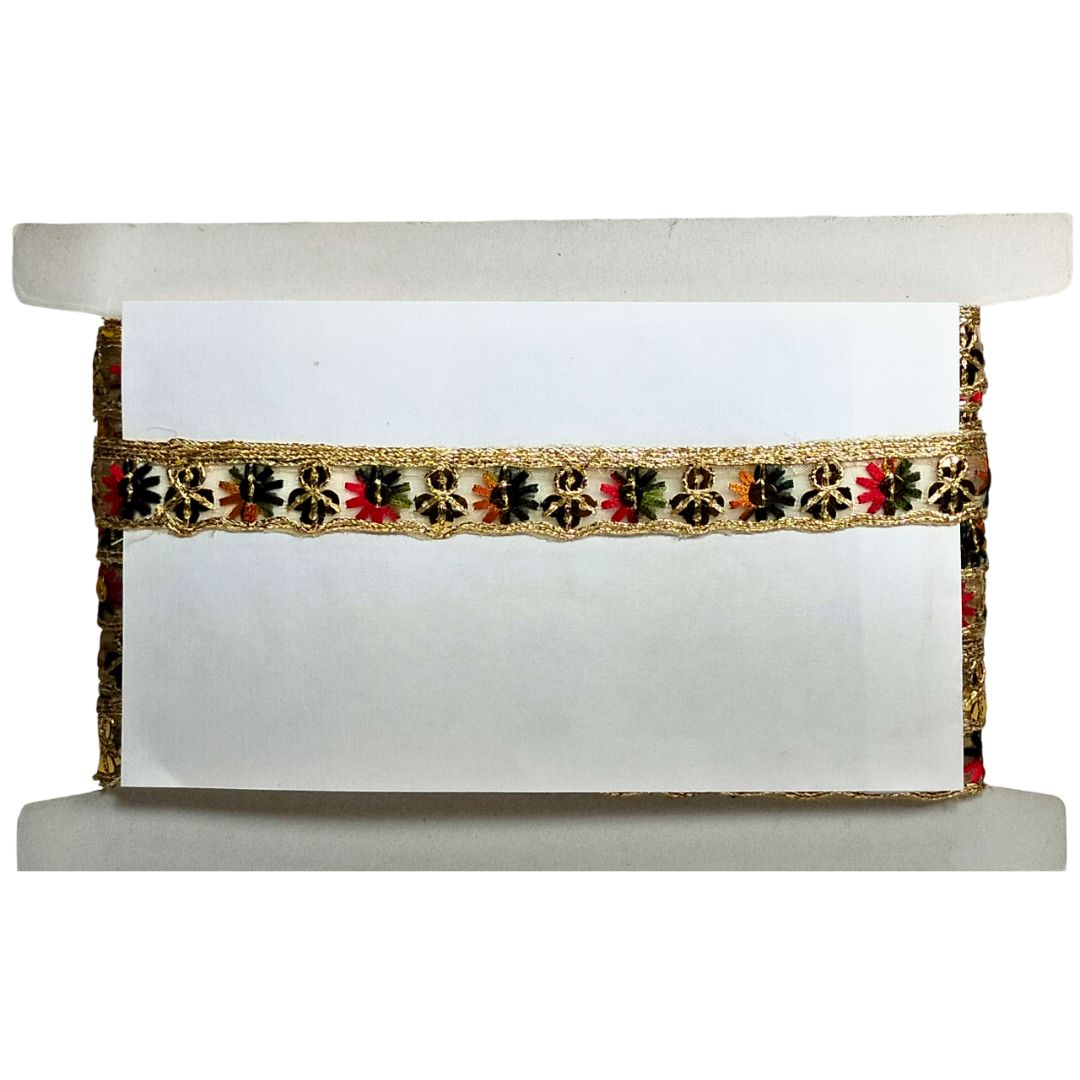 Spool of ribbon with decorative pattern on a white background