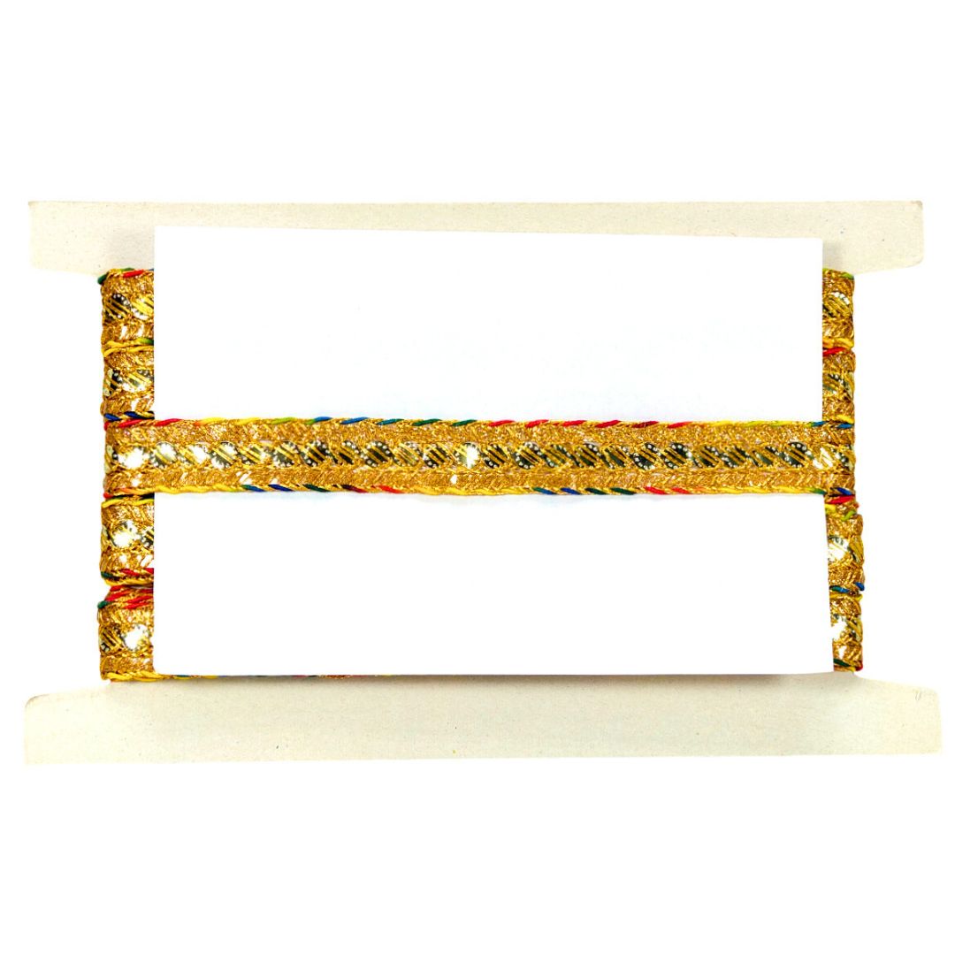 Decorative headband with gold and multicolor design on a white background