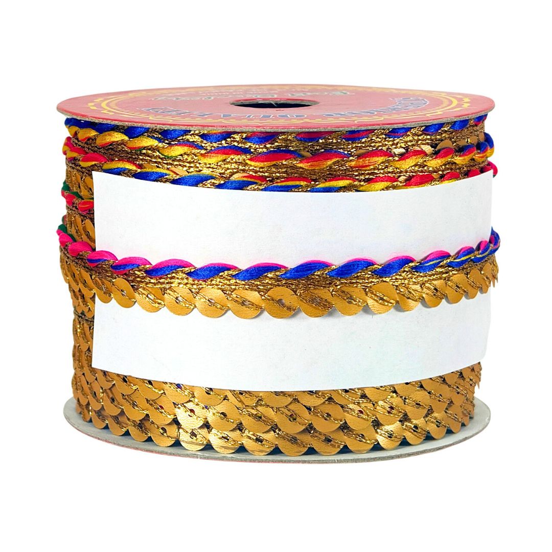 Spool of decorative ribbon with gold, blue, and pink pattern on a white background