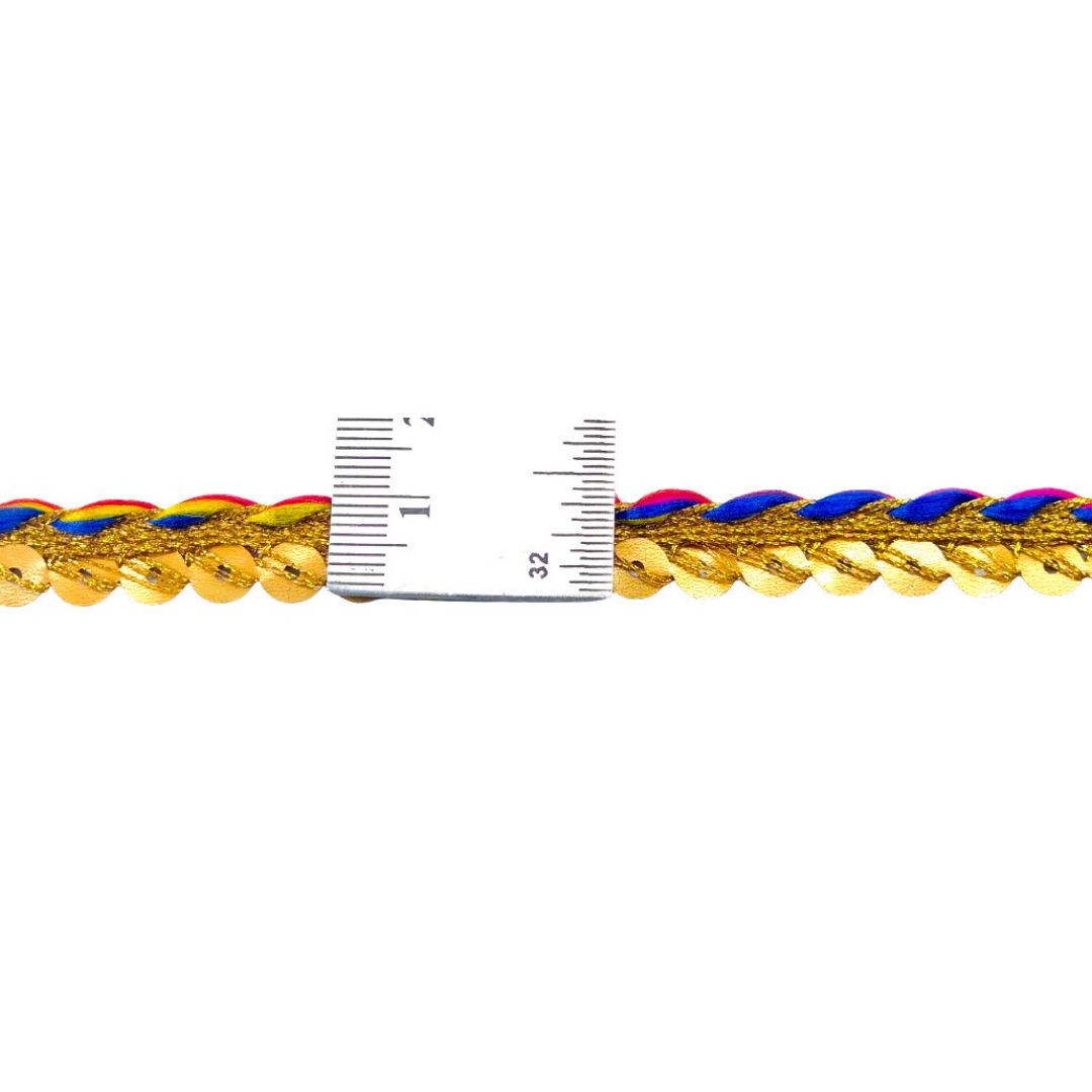 Gold bracelet with blue and red accents and a measurement scale on a white background