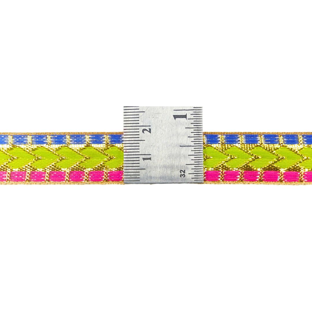 Neon green, blue, and pink woven belt with a ruler for scale on a white background
