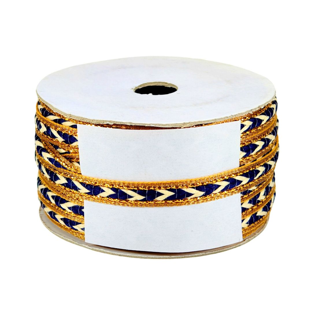 Spool of ribbon with blue and gold pattern on a white background