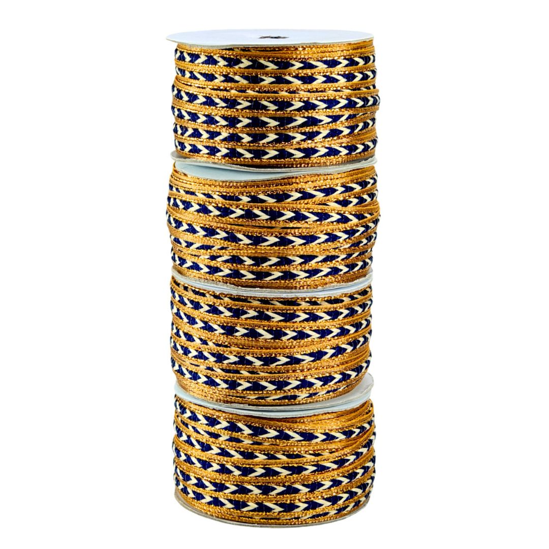 Roll of blue and gold braided cord on a white background