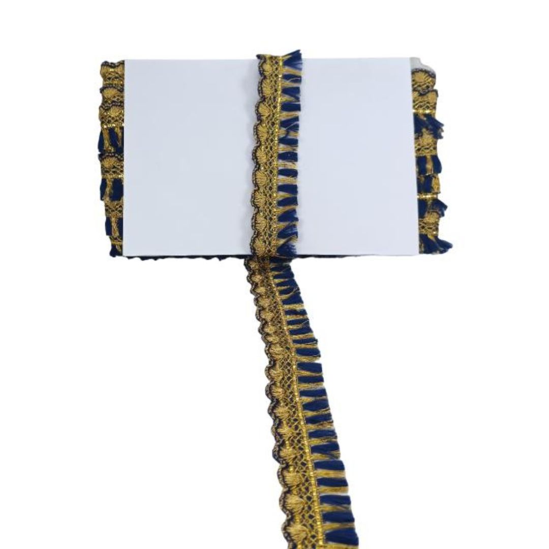 Decorative lace trim with blue and gold pattern on a white background