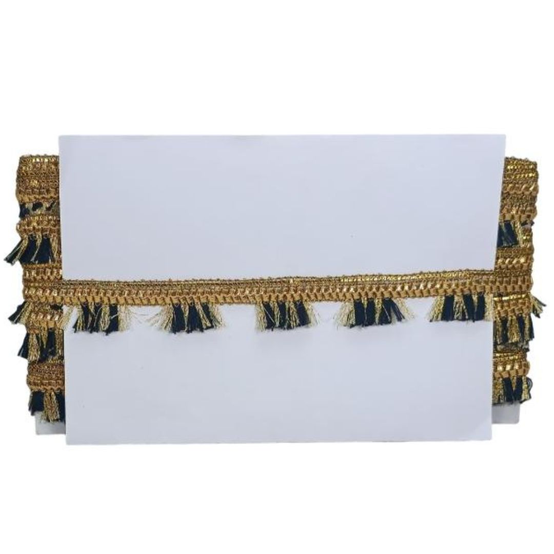 White card with gold and black tassel design on a white background