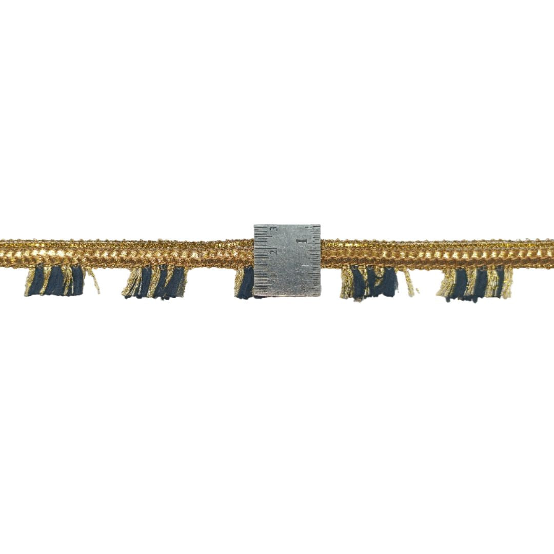 Decorative trim with gold and blue fringe on a white background