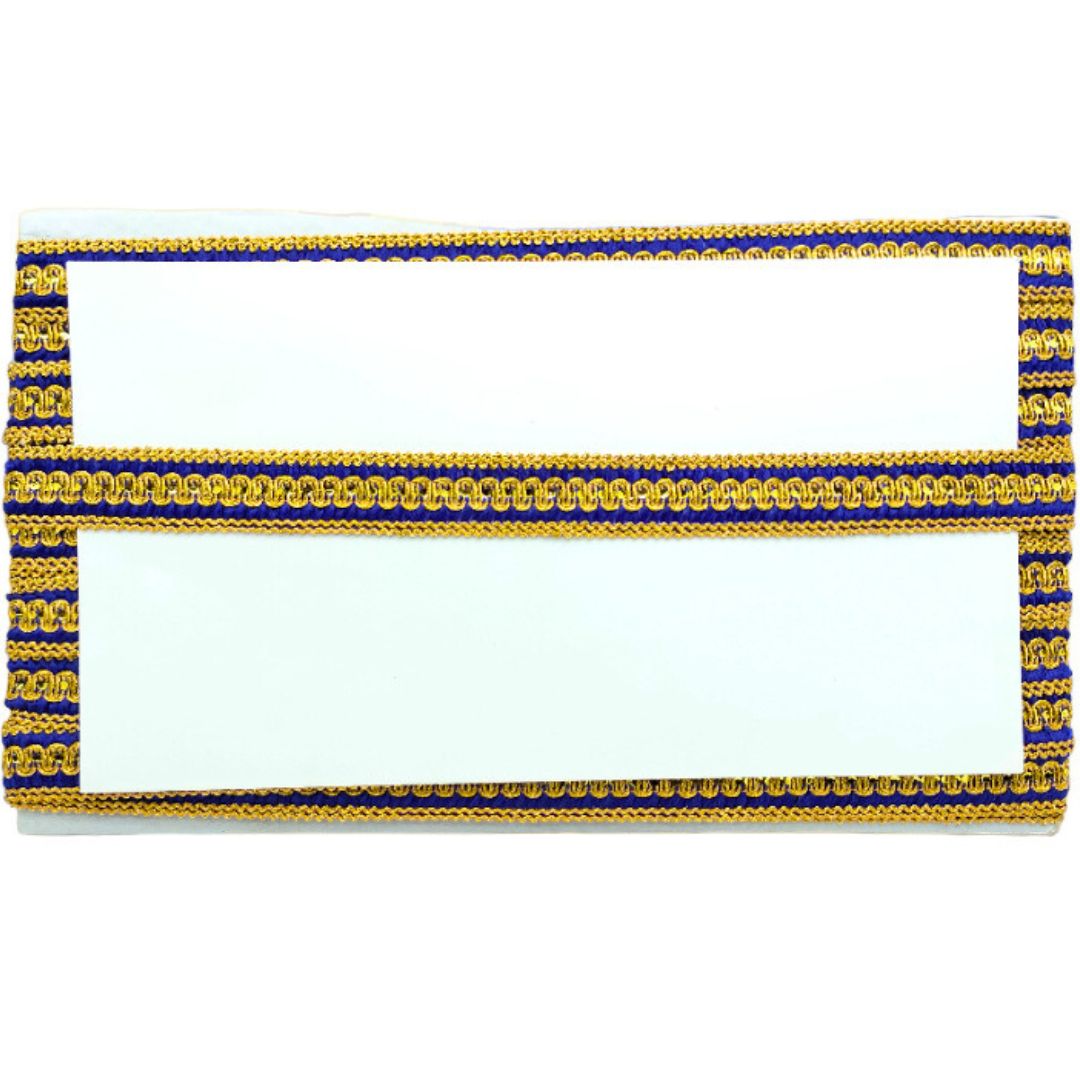 Decorative ribbon with blue and gold patterns on a white background