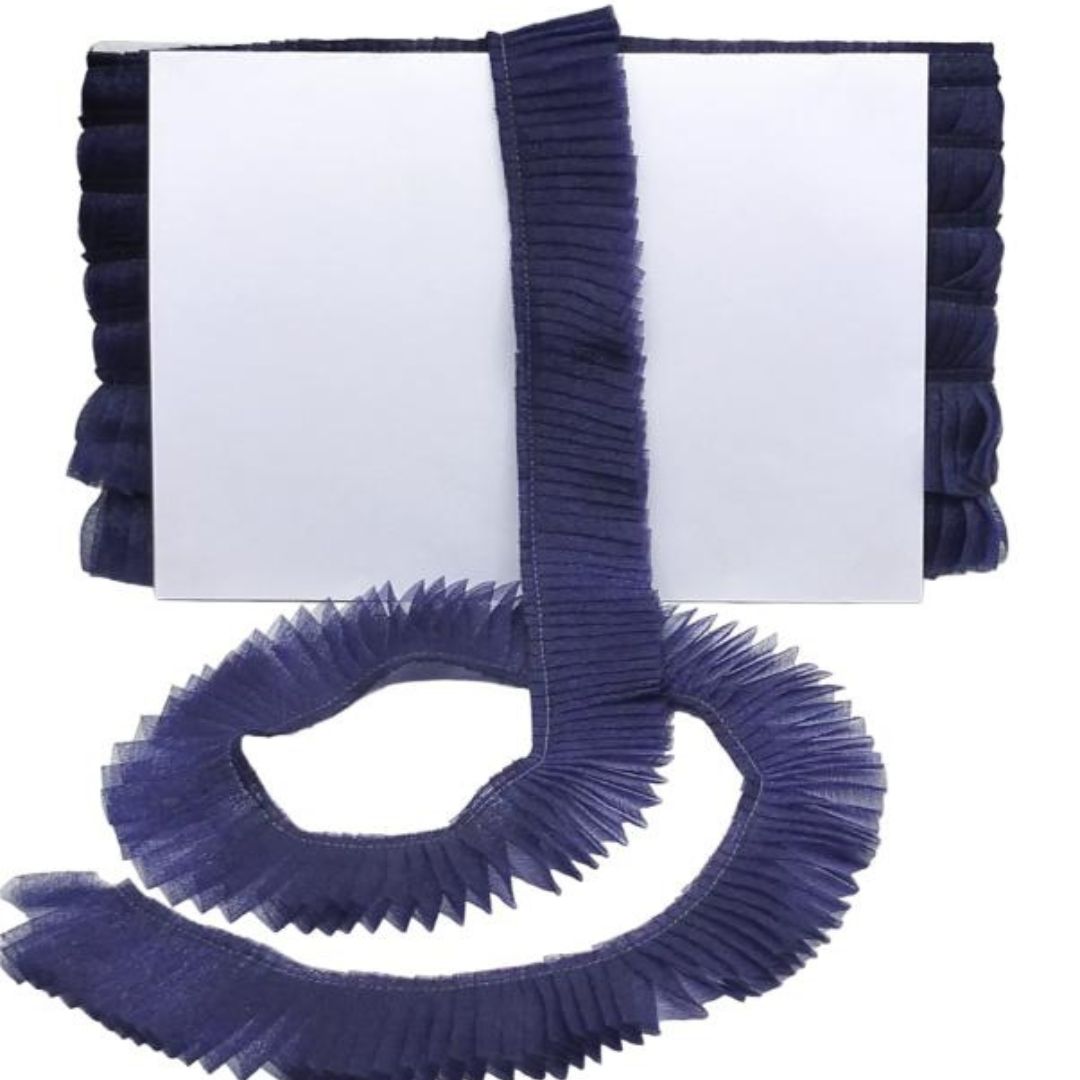 Navy blue pleated ribbon on a white background