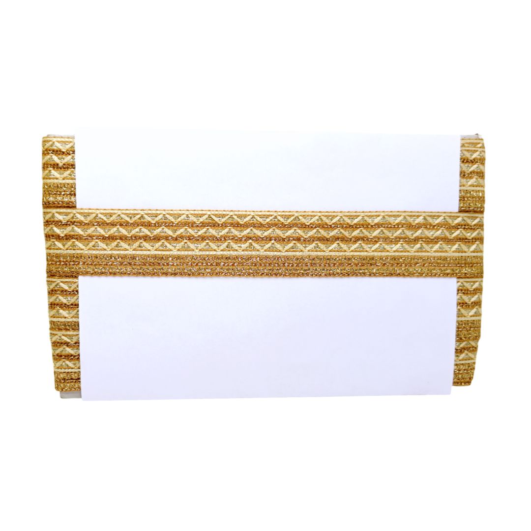 White pouch with gold woven pattern on a white background