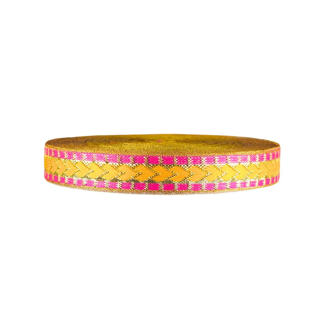 Yellow and pink woven bracelet on a white background