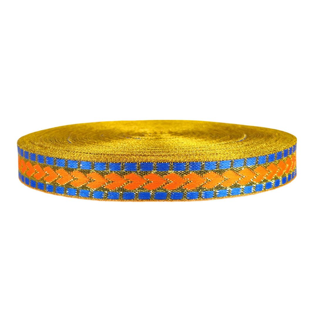 Gold ribbon with orange and blue pattern on a white background