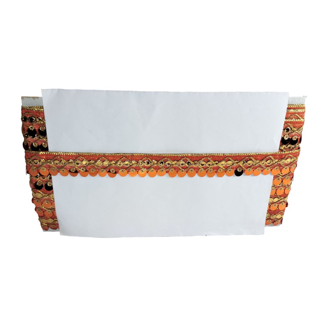 Decorative envelope with orange and gold trim on a white background