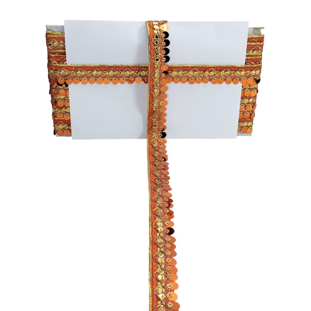 Decorative orange and gold border on a white background