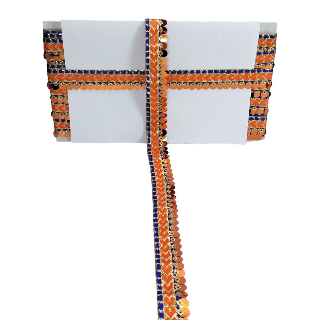 Decorative orange and blue border on a white background