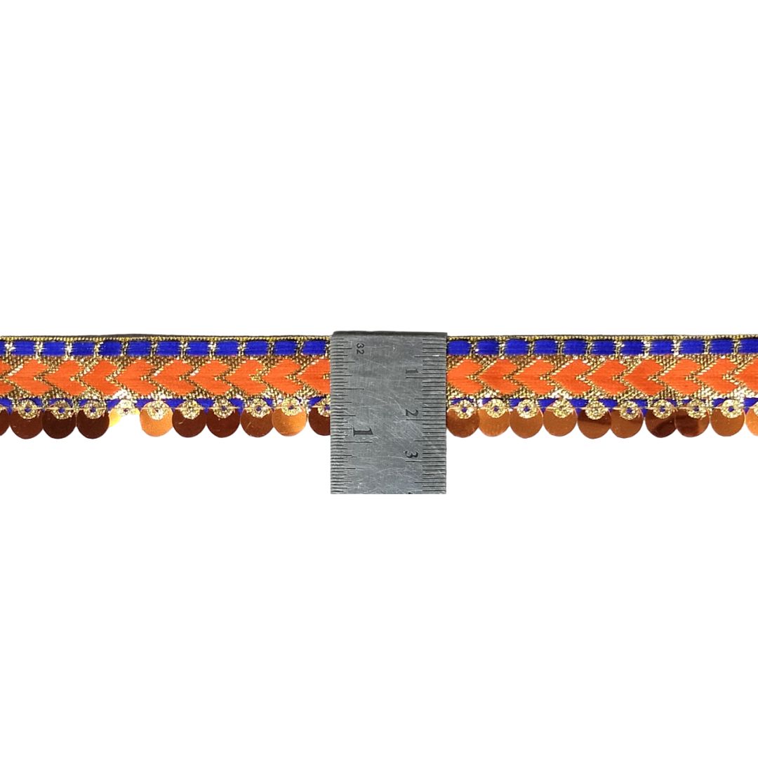 Decorative border with orange, blue, and gold pattern on a white background