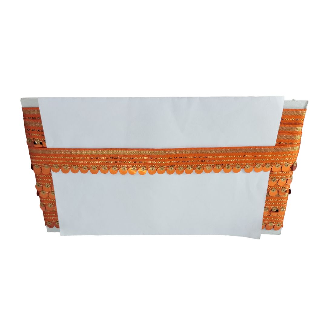 White pouch with orange decorative border on a white background