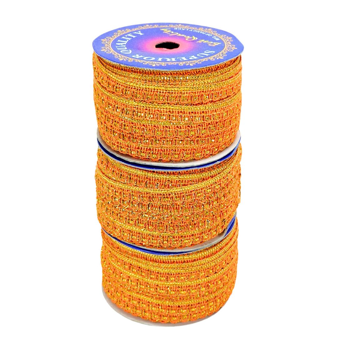 Three rolls of orange webbing stacked on a white background