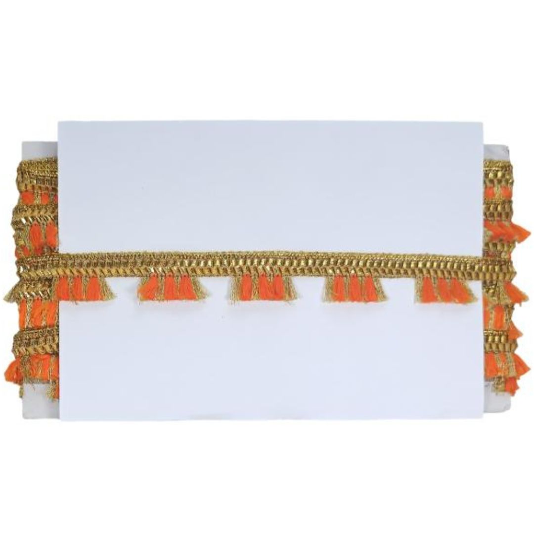 White card with gold and orange decorative trim on a white background