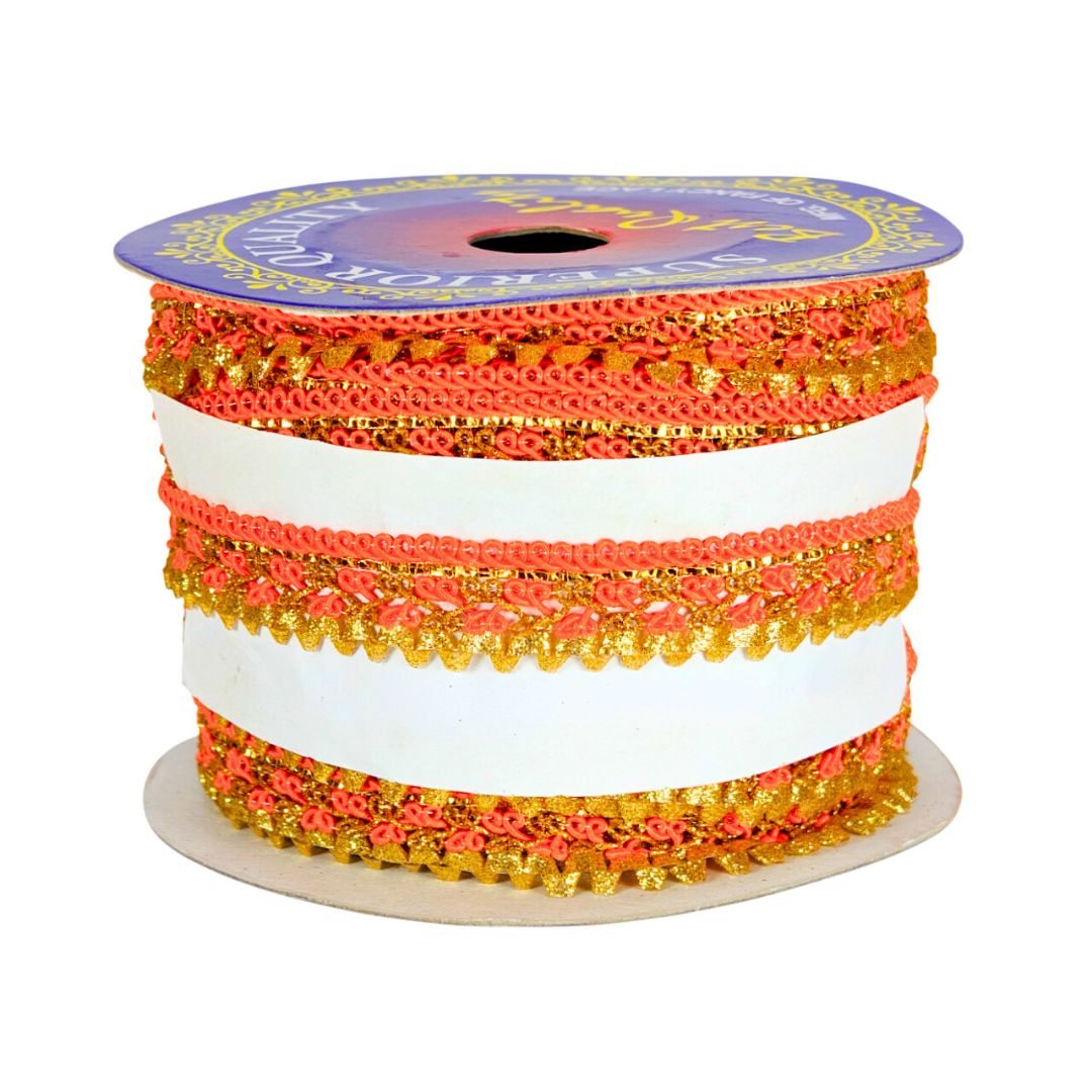 Spool of orange and gold decorative ribbon on a white background