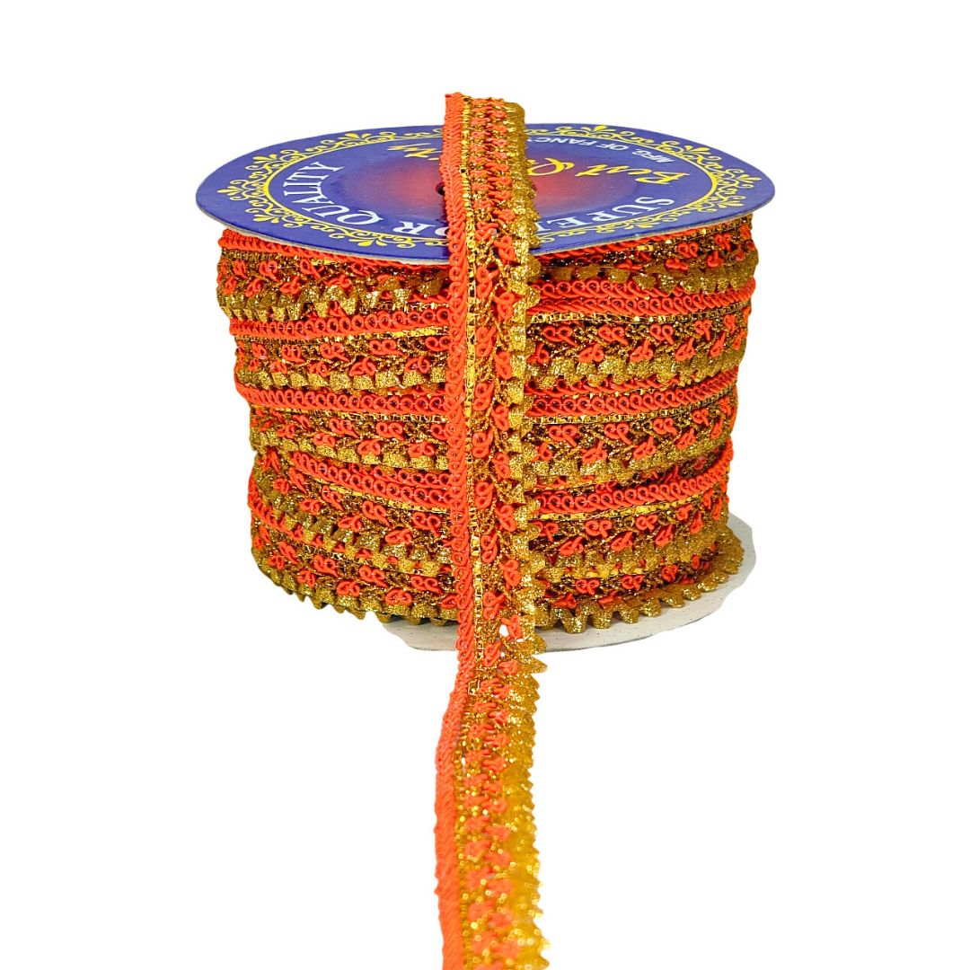 Spool of orange and gold decorative ribbon with a brand label on a white background