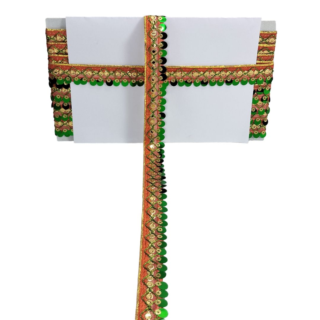 Decorative border with green and gold patterns on a white background