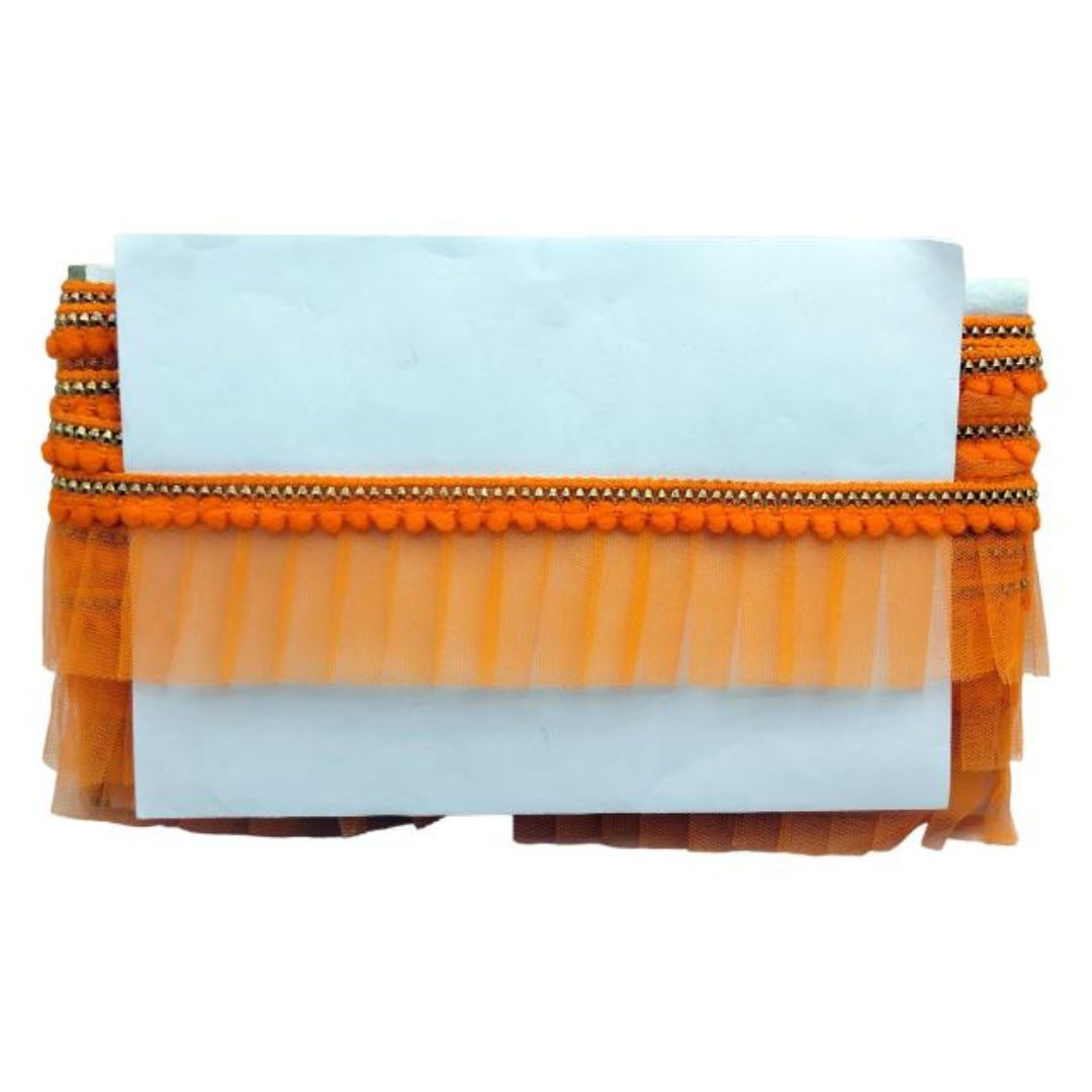 Clutch bag with orange and sheer orange layers on a white background