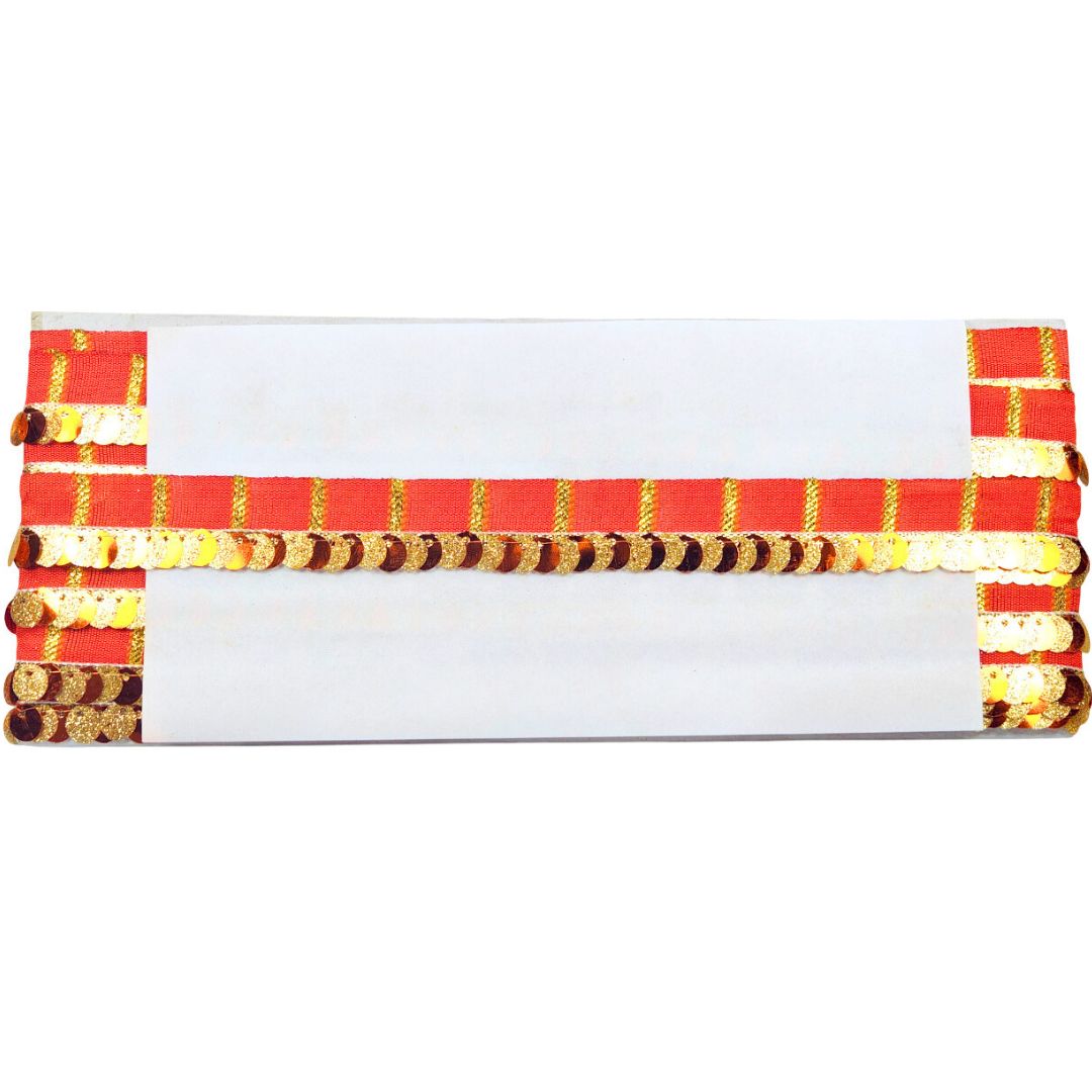Decorative clutch with red, gold, and white pattern on a white background