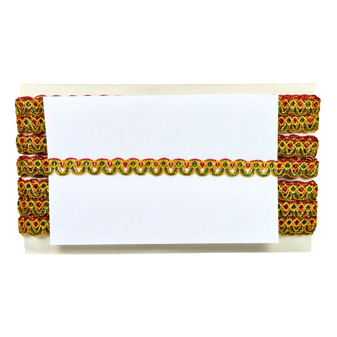 Decorative border with red, green, and yellow patterns on a white card.