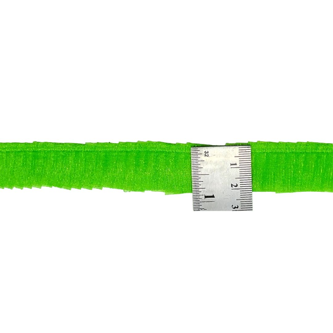 Green ribbon with a ruler for measurement on a white background