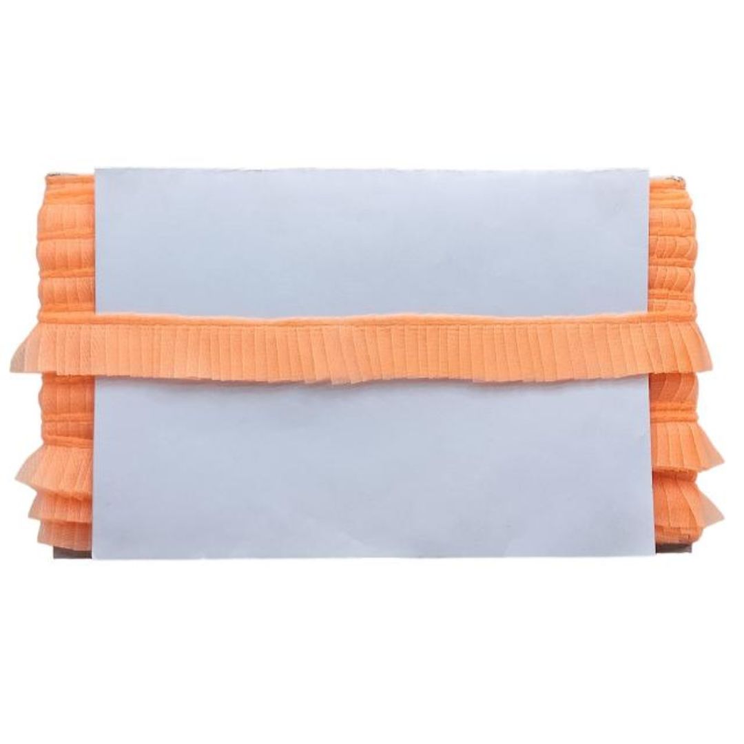 Clutch bag with orange ruffled top section and light gray bottom section on a white background