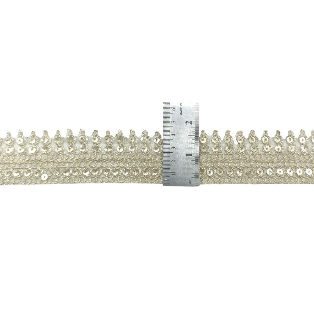 Decorative ribbon with sequins and a ruler for scale on a white background